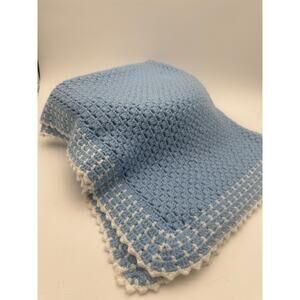 Boutique Hand tied afghan baby blanket quilt crochet sentimental keepsake Blue